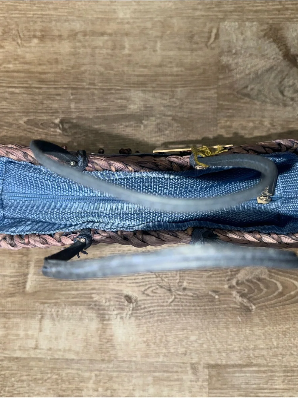 Handwoven Purple Straw Tote Bag with Tropical Print Panel